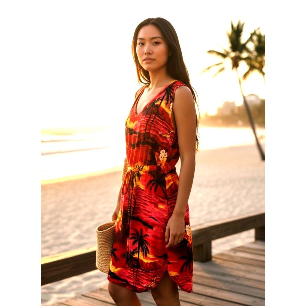 PALMWAVE HAWAII MINI DRESS DRAWSTRING WAISTRAYON BOLD ISLAND COLORS SIZE M